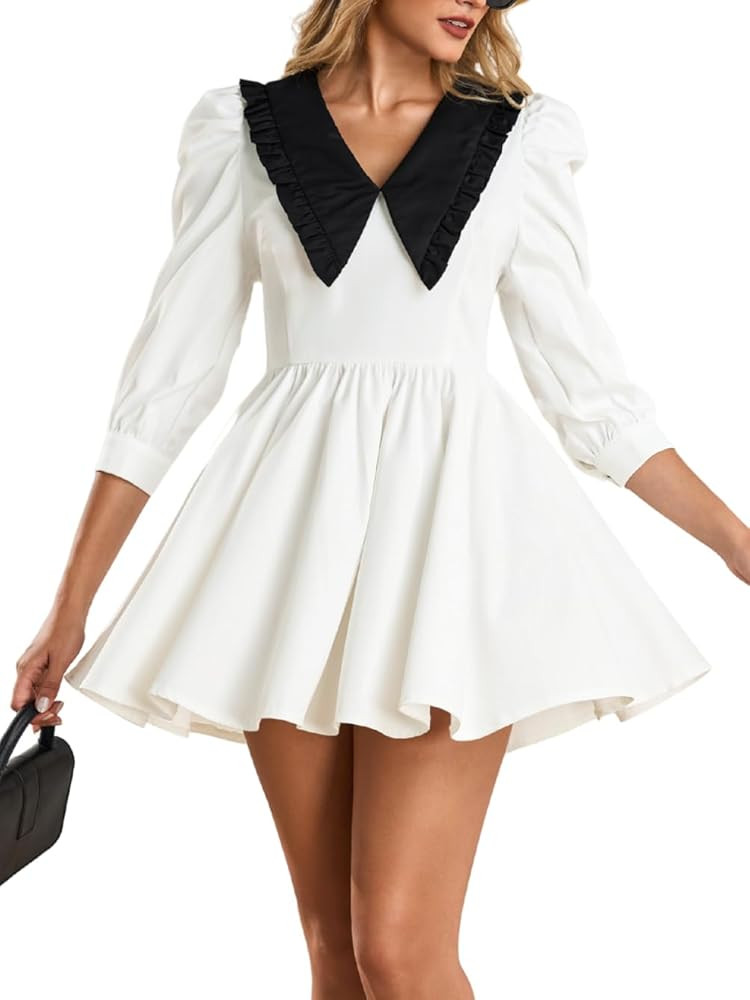 Kaei&Shi Peter Pan Collar Dress,Puff Sleeve Babydoll Mini Dresses for Women,Cute Fall Date Night Outfit | Amazon (US)