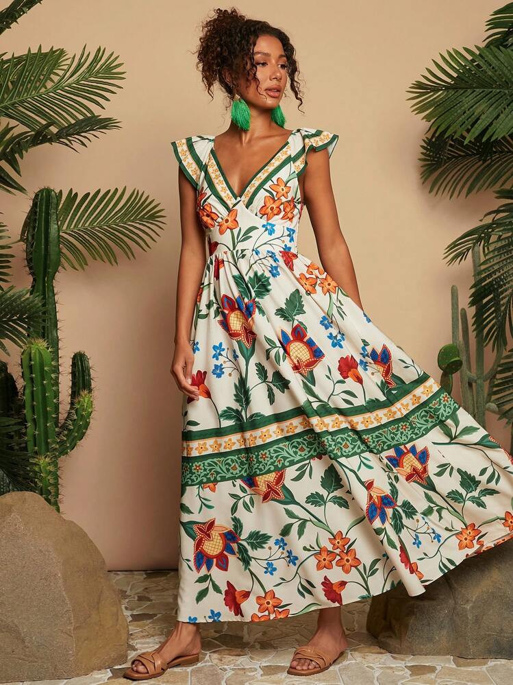 Green floral v-neck cap sleeve tie-back dress  | SHEIN