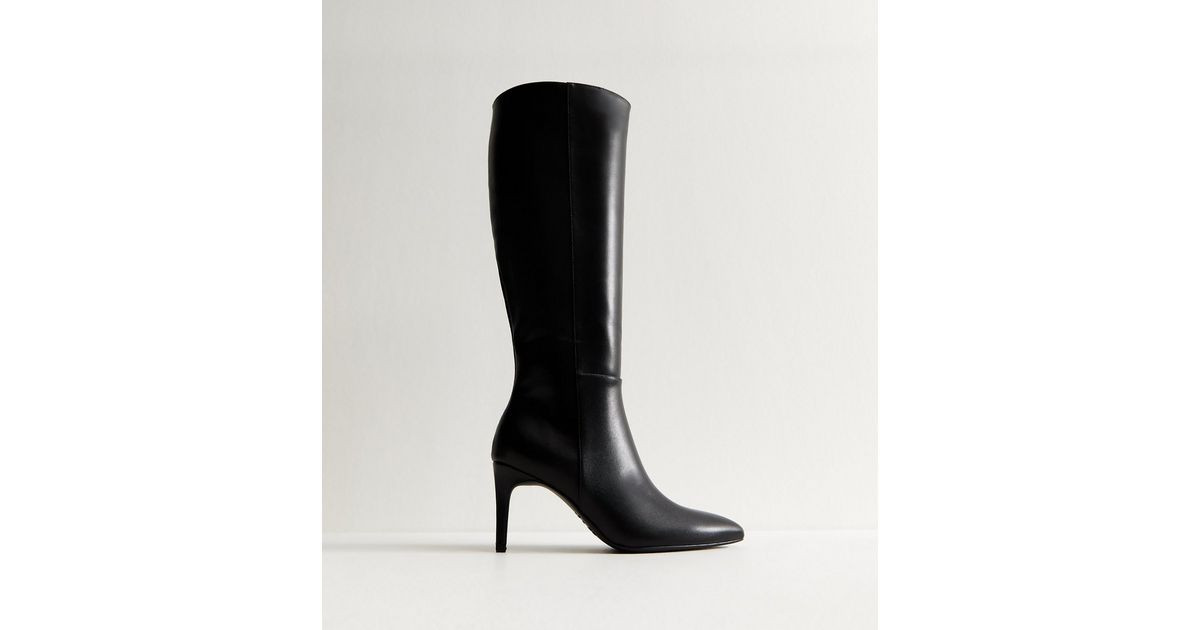 Black Faux Leather Zip Up Stiletto Knee High Boots | New Look | New Look (UK)