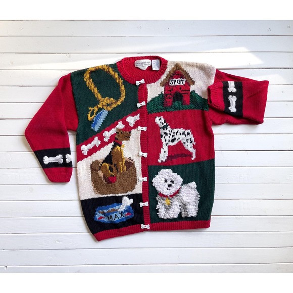 Eagles Eye vtg dog novelty hand knit embroidered cardigan sweater | Poshmark