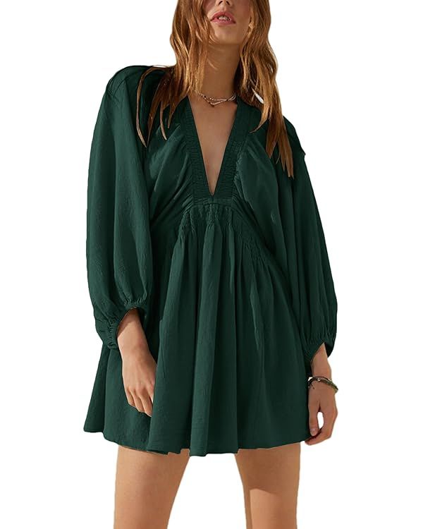 Women's Sexy Long Sleeve V Neck Tunic Dress Casual Loose Flowy Mini Swing Shift Dresses | Amazon (US)