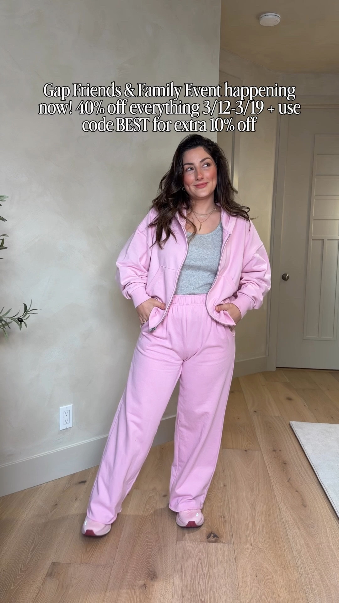 Today’s outfit = comfy and cute + on sale!!!💕 This VintageSoft set is one of my favorite easy looks lately. Soft, relaxed, and perfect for running errands or a casual day out.

✨ Gap Friends & Family Event:
40% off everything 3/12–3/19 + extra 10% off with code BEST

Wearing:
• Rib Scoop Tank — Small (Heather Grey)
• VintageSoft Terry Zip Hoodie — Small (Primrose Pink)
• VintageSoft Terry Wide-Leg Sweatpants — Small Petite (Primrose Pink)

5’0” | 140 lbs

@gap #howyouweargap #gappartner

#LTKPetite #LTKSaleAlert #LTKootd