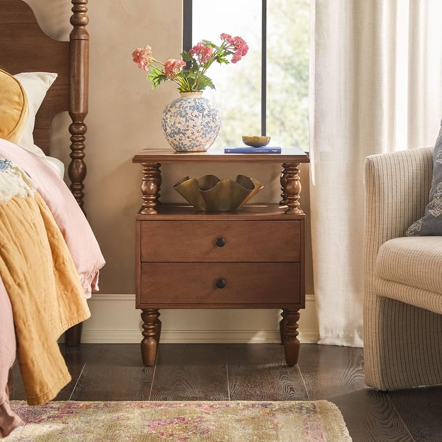 Walker Edison Easy Assembly Wood 2 Drawer Spindle Nightstand - Dark Brown | Amazon (US)