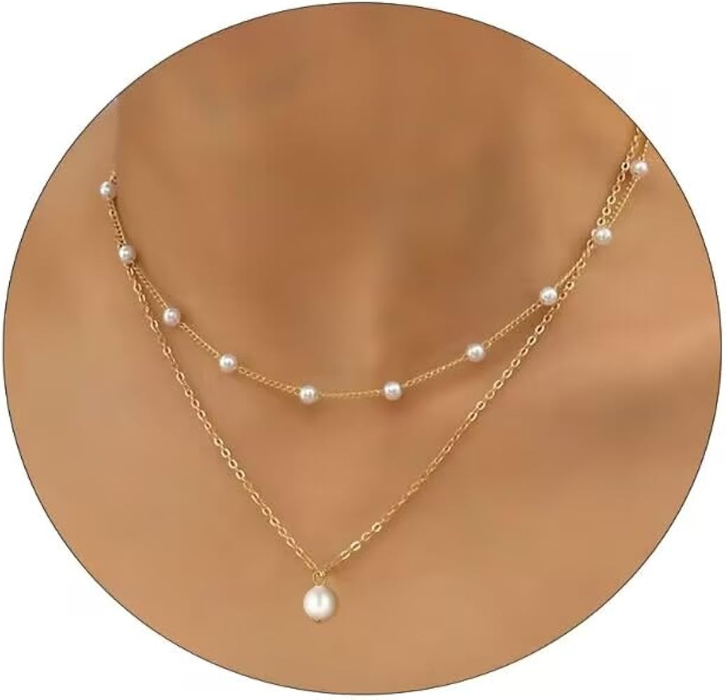 Gold Pearl Necklace For Women - 14K Gold Plated Layered Herringbone Chain Pearl Necklace, Trendy ... | Amazon (US)