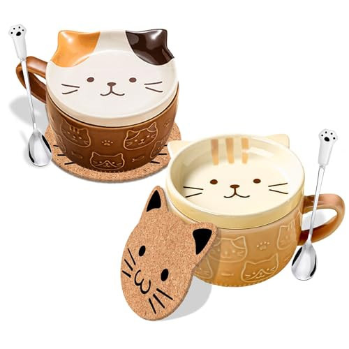 2PCS Cute Mug Kawaii Cat Tea Cup Ceramic Coffee Mug with Lid,Tea Cups and Saucers for Dessert tea mug Cute Gifts Cat lover Gift for women Anime Gift for Women Christmas Gifts 10oz (Yellow+Brown) | Amazon (US)