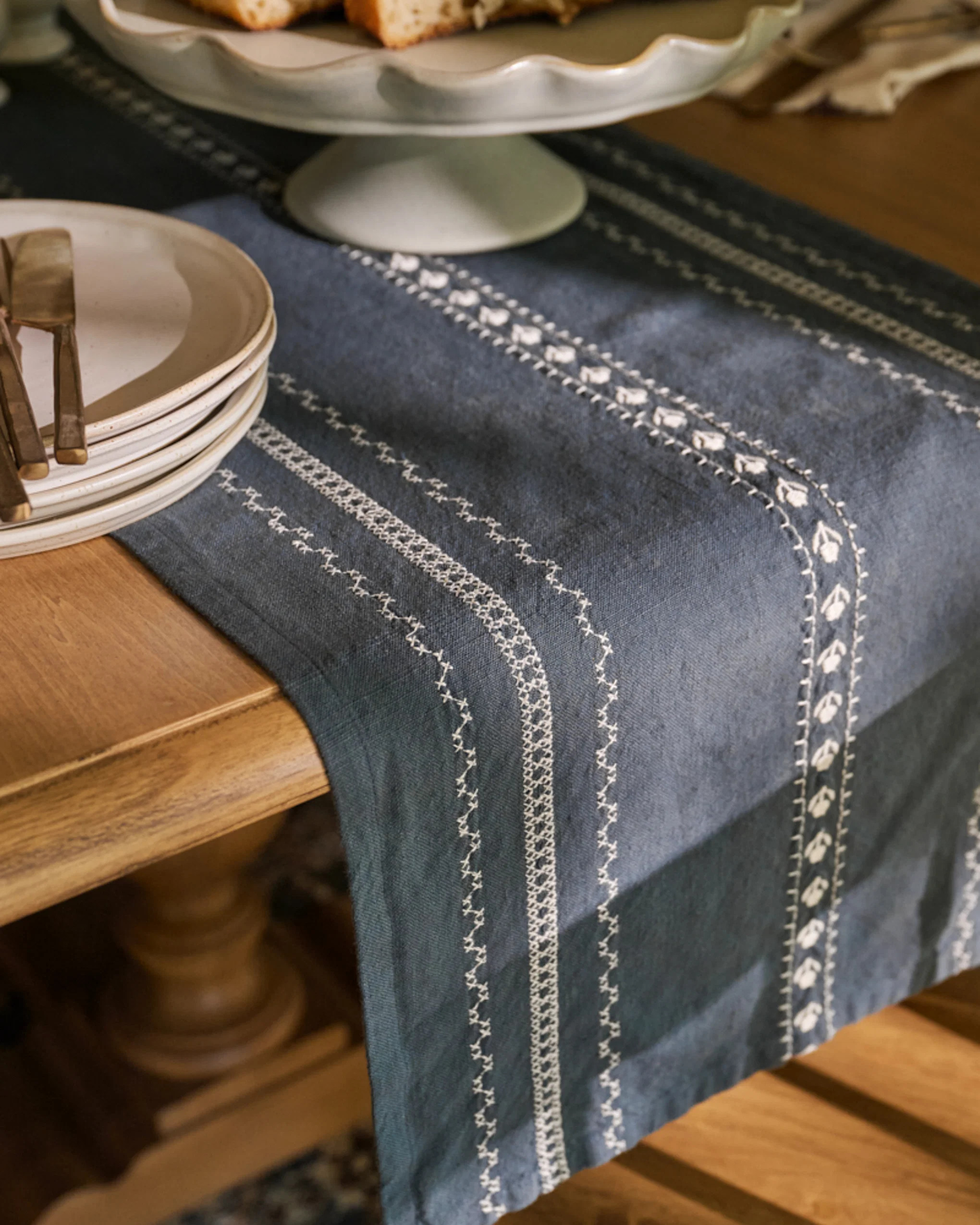 Dusty Blue Embroidered Table Runner | Magnolia