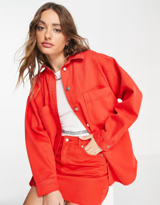 Topshop organic cotton denim shacket in red (part of a set) | ASOS (Global)