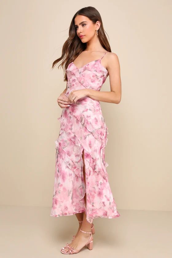Dreamy Personality Pink Floral Ruffled Sleeveless Midi Dress | Lulus