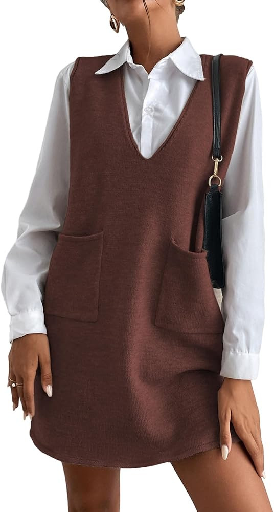 OYOANGLE Women's V Neck Sleeveless Knitted Solid Short Sweater Dress with Pockets | Amazon (US)
