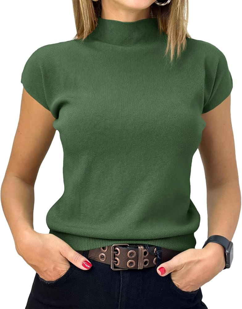 Saodimallsu Womens Short Sleeve Sweater Mock Neck Summer Casual Basic Knit Slim Fitted Pullover T... | Amazon (US)
