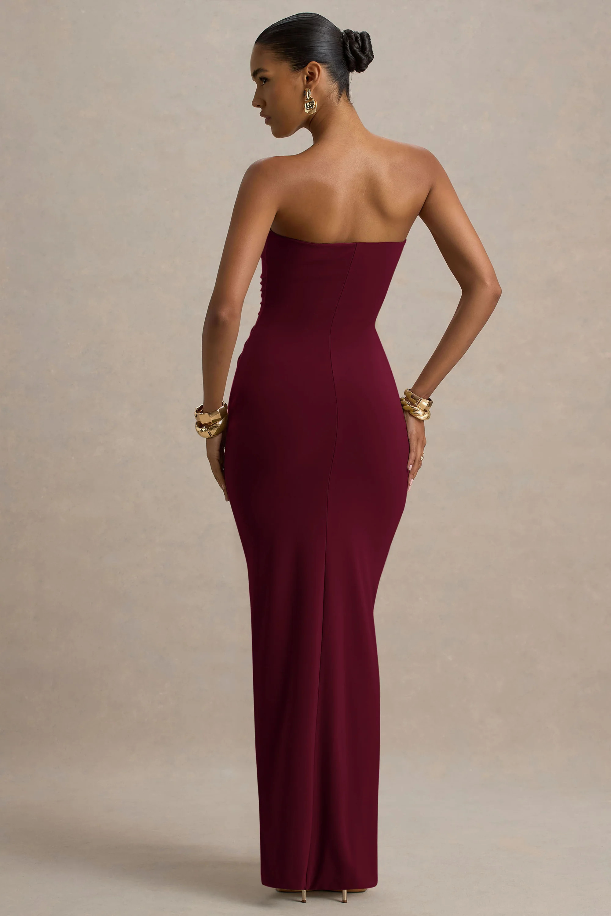 Ali | Burgundy Sweetheart Ruched Wrap Maxi Dress | Club L London