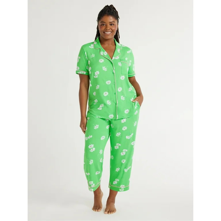 Joyspun Women's Knit Short Sleeve Notch Collar Top and Capri Pajama Set, 2-Piece, Sizes S to 3X | Walmart (US)