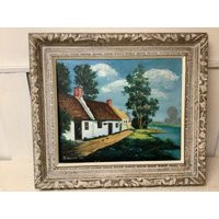 Framed Oil Painting European Cottage Thatched Roof Farmhouse By River Chickens | Etsy (US)