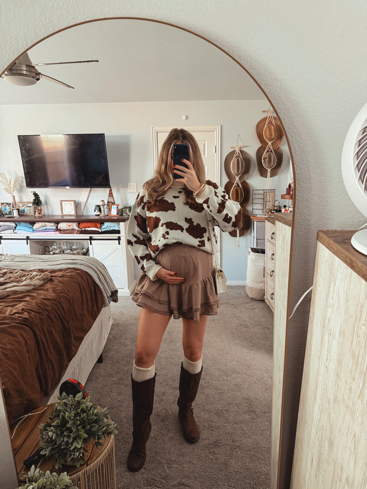 Cowhide. Western outfit inspo. Daily ootd. Sweater and skirt. Boots. Fall outfit  

#LTKBump #LTKootd #LTKFindsUnder100