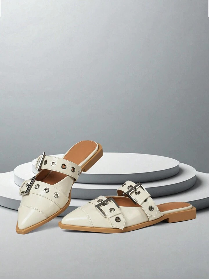 Womens Elegant Wide Welt Buckle Ballet Flats Pointed Toe Metallic Buckle Strap Comfortable Walkin... | SHEIN