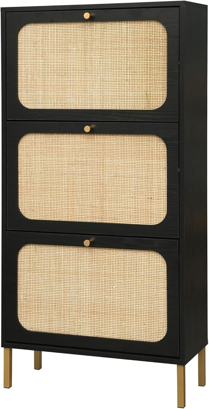 ZeHuoGe Natural Rattan Shoe Cabinet with 3 Flip Drawers, Black 3-Tier Shoe Rack Storage Cabinet f... | Amazon (US)