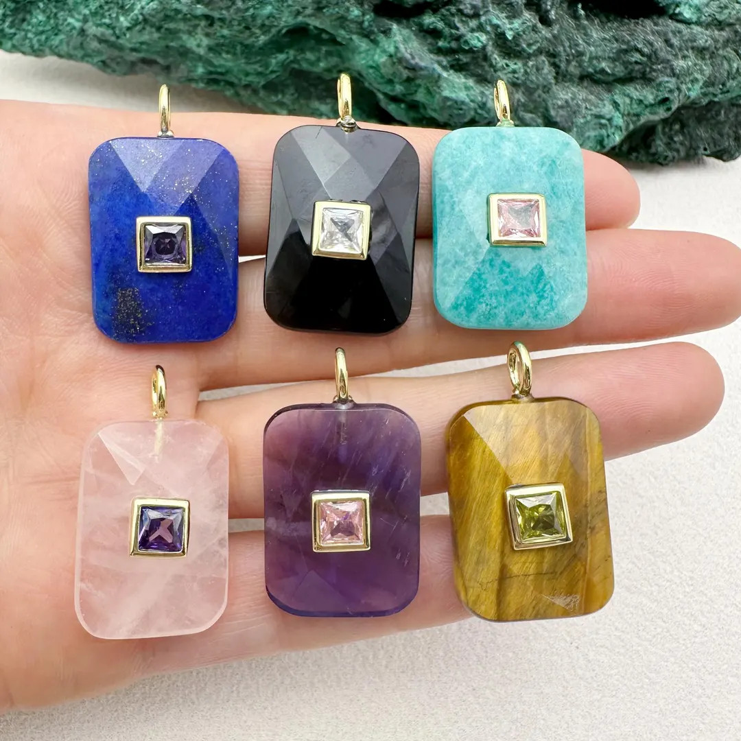 Faceted Natural Crystal CZ Paved Pendant, Gold Plated Gemstone Charms, Rectangle Rose Quartz Lapi... | Etsy (US)