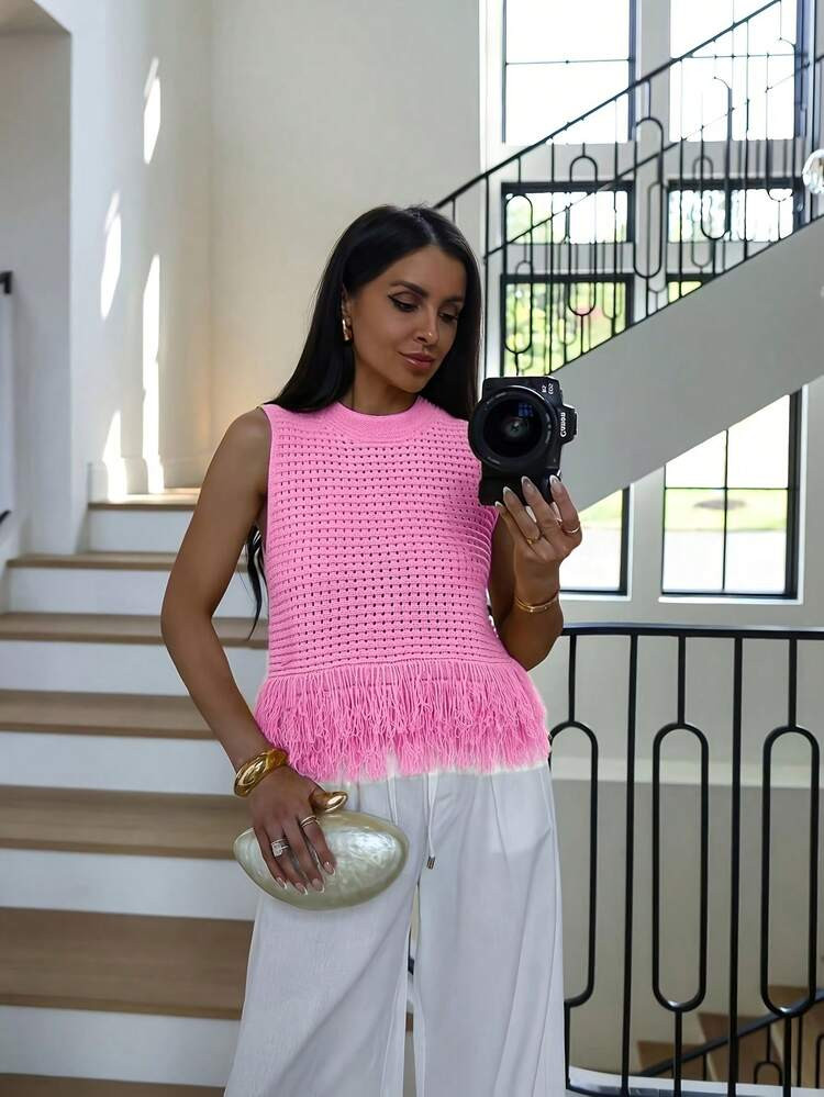 Elegant Women Knitted Cover Up, Hollow Out Cover Up, Tassel Shawl, Sleeveless Sweater, Summer Fas... | SHEIN