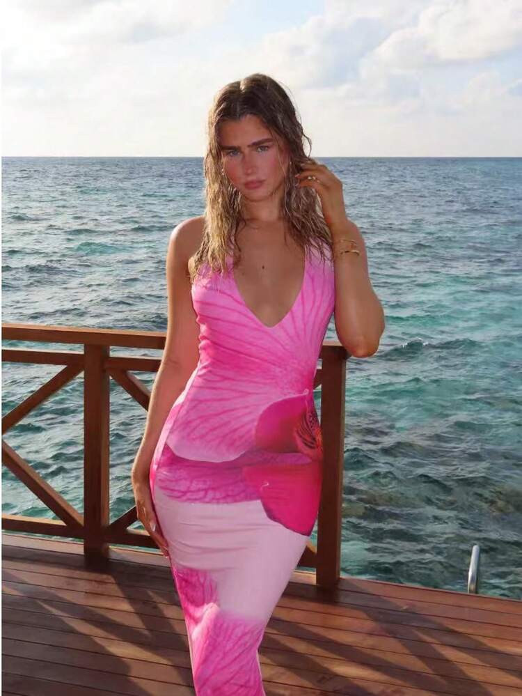 Fashionable Women's Pink Backless Spaghetti Strap Maxi Dress, Floral Pattern Decor, Fitted Silhou... | SHEIN