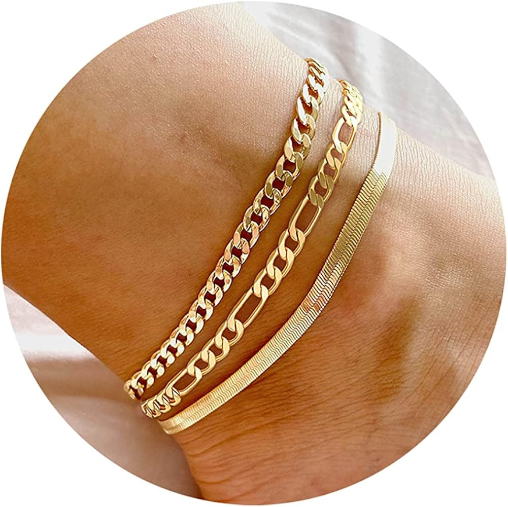 DEARMAY Gold Ankle Bracelets Set for Women Waterproof, 14K Gold Anklets for Women Cuban Link Laye... | Amazon (US)