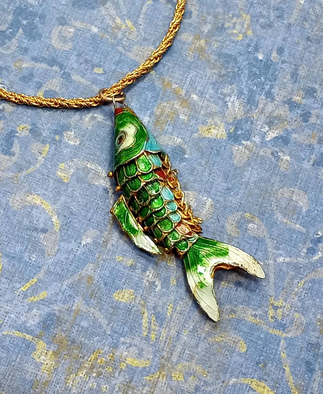 Vintage Gold Tone Green Enamel Chinese Cloisonné Articulated Fish Pendant Necklace Gold Tone Cha... | Etsy (US)