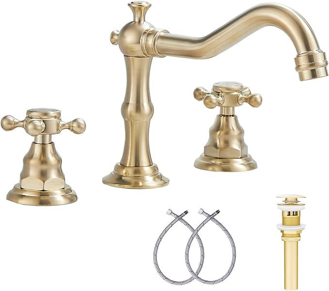 Brushed Gold Bathroom Faucet GGStudy 2 Handles 3 Holes Widespread Bathroom Sink Facuet Farmhouse ... | Amazon (US)