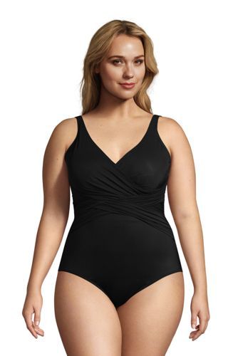 Women's Plus Size Slender Tummy Control Chlorine Resistant V-neck Wrap One Piece Swimsuit | Lands' End (US)
