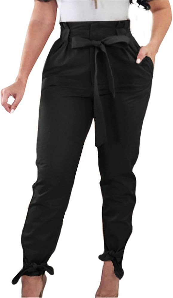 GOBLES Women Solid Casual Work Trousers High Waist Ruffle Bow Tie Pants | Amazon (US)