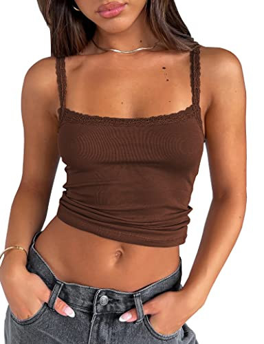 Cioatin Women’s Lace Patchwork Spaghetti Strap Crop Cami Strappy Y2K Going Out Crop Top Tank Sleeveless Slim Fit Shirt Coffee Brown | Amazon (US)