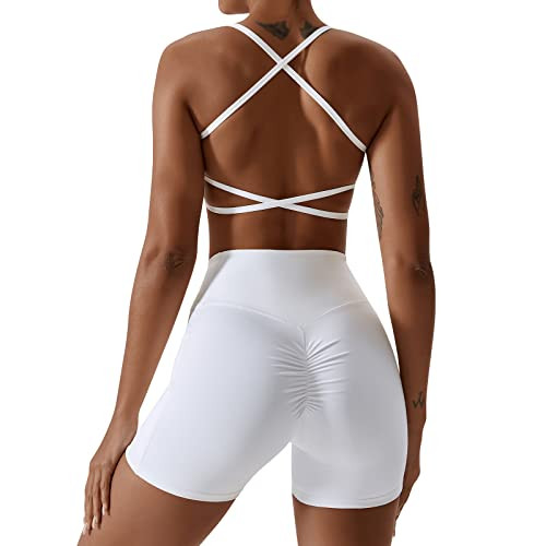 IWEMEK Workout Sets for Womem 2 Piece Criss Cross Back Sport Bra Cross Waist High Waist Booty Shorts with Pocket Exercise Gym Yoga Outfits Cross Back White Small | Amazon (US)