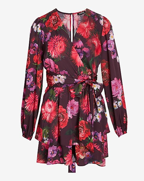Floral Satin Ruffle Wrap Front Romper | Express