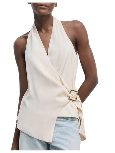 Floerns Women's Elegant Wrap Front Halter Top Metal Buckle Sleeveless Office Camisole Apricot Large | Amazon (US)