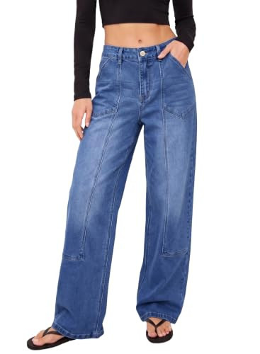 Sidefeel Women's Wide Leg Jeans Baggy Denim Pants Size 16 Deep Blue | Amazon (US)