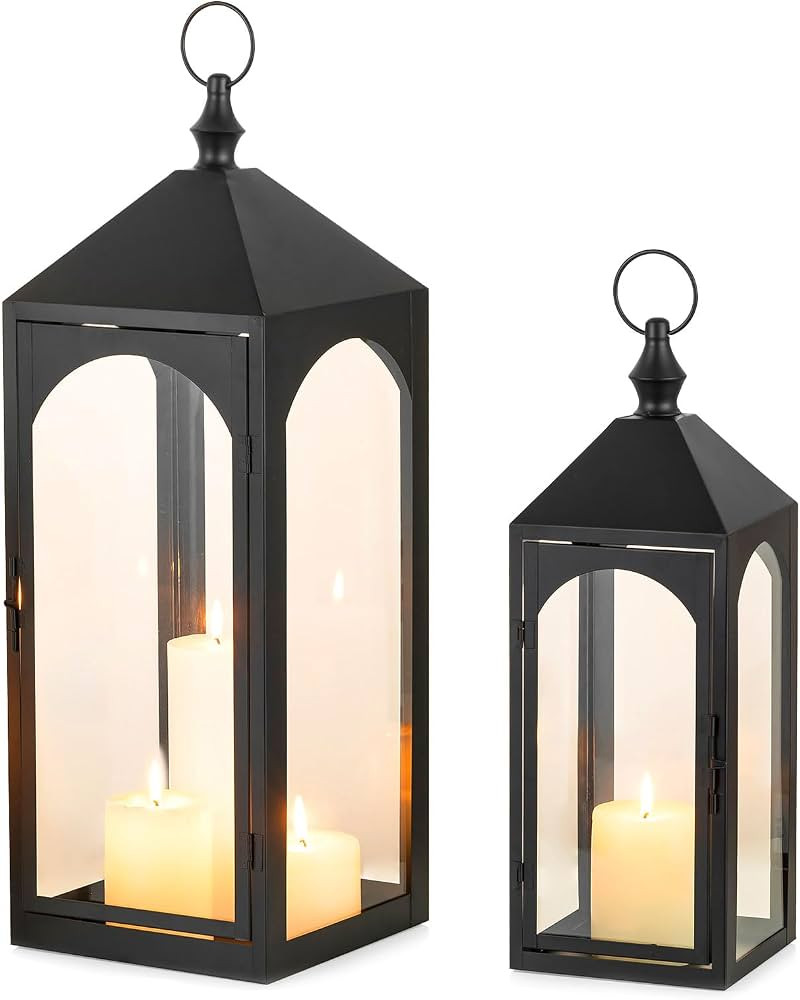 Large Outdoor Lanterns for Porch: 23" & 17" Set of 2 Floor Lantern Decorative Indoor with Glass C... | Amazon (US)