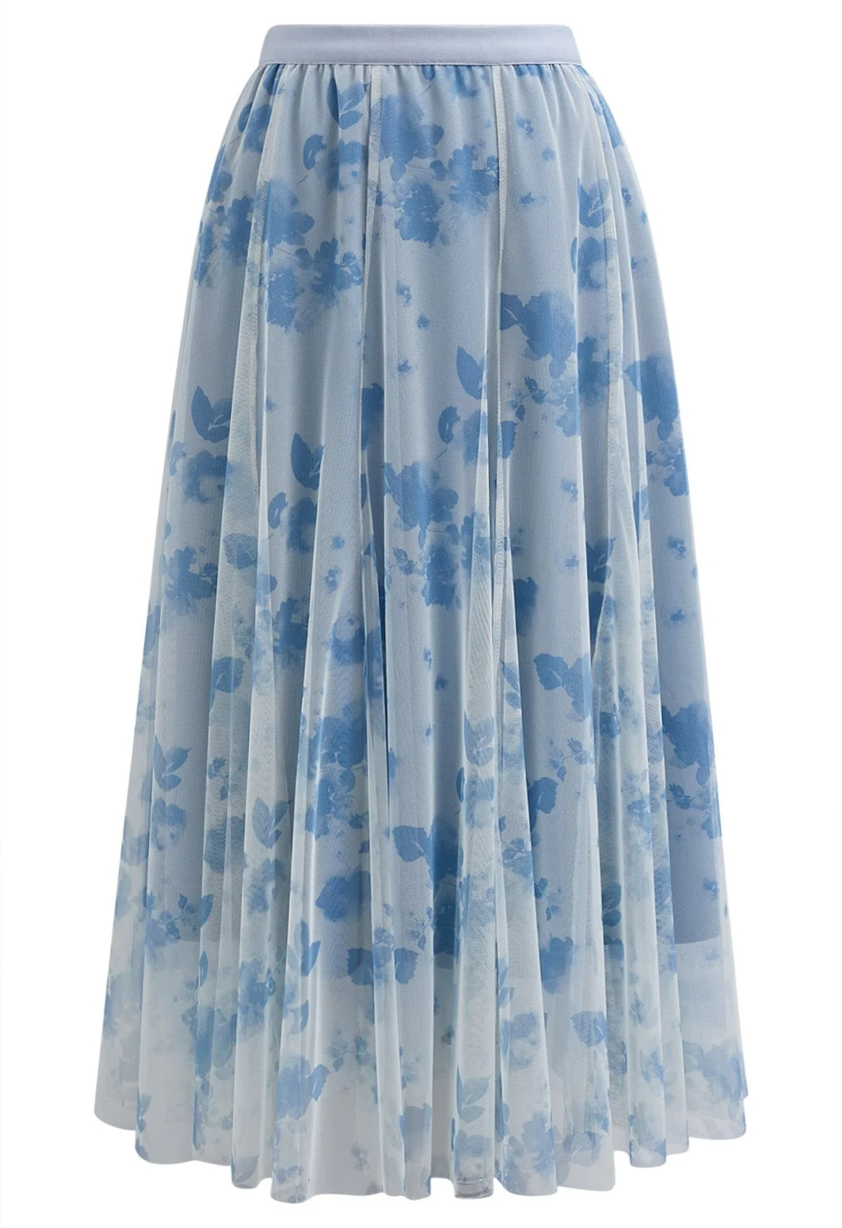 Watercolor Floral Printed Mesh Tulle Midi Skirt in Blue | Chicwish