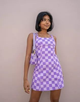 Labelrail x Pose and Repeat denim mini dress with cross strappy back in lilac checkerboard | ASOS (Global)