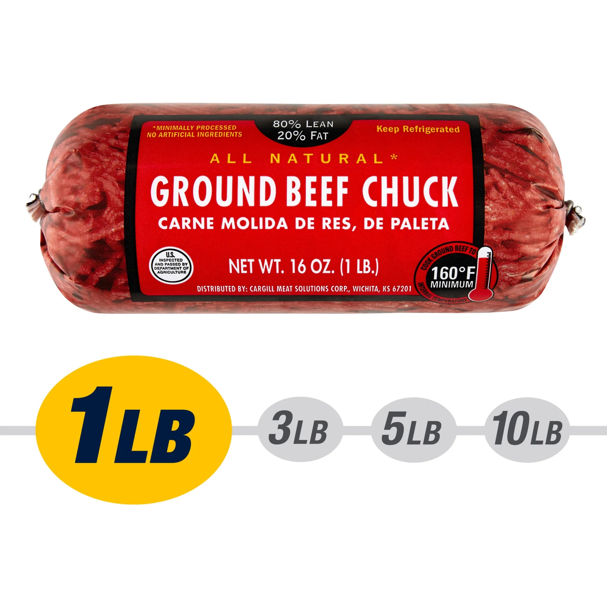 80% Lean / 20% Fat Ground Beef Chuck, 1 lb Roll, Fresh, All Natural* - Walmart.com | Walmart (US)