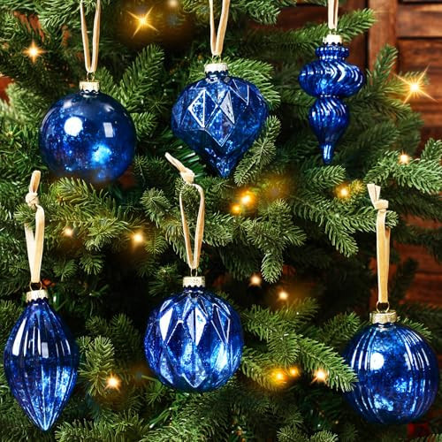 Civaner Set of 6 Blue Mercury Glass Christmas Ornaments Large Hanging Mercury Glass Balls Finials Ornaments for Christmas Tree Decoration Holiday Decor | Amazon (US)