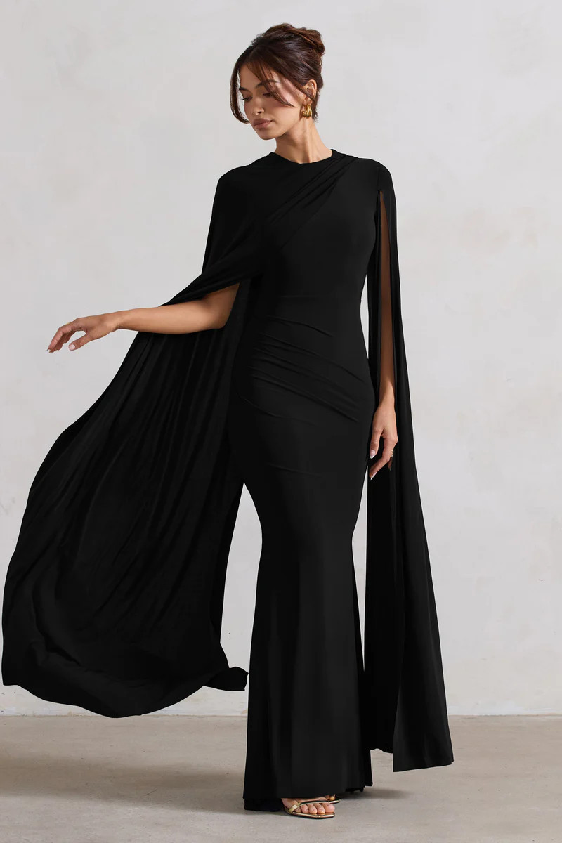 Magdelena  Black Asymmetric Cape Maxi Dress | Club L London