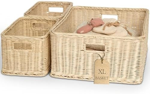 BEBE BASK Handwoven Rattan Wicker Basket Set of 3 (17 × 13 × 7 in) – Wicker Baskets For Organ... | Amazon (US)