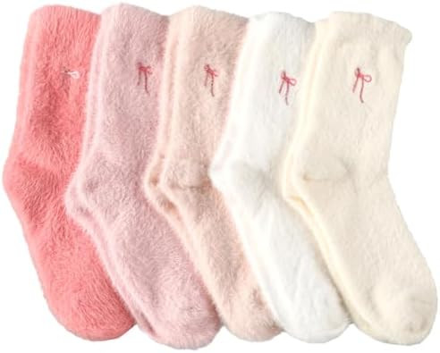 Geyoga 5 Pairs Women's Bow Fuzzy Socks Winter Soft Slipper Socks Coquette Stuff Fluffy Thick Spa ... | Amazon (US)