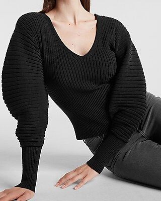 Ribbed Sculpted Sleeve V-neck Sweater | Express