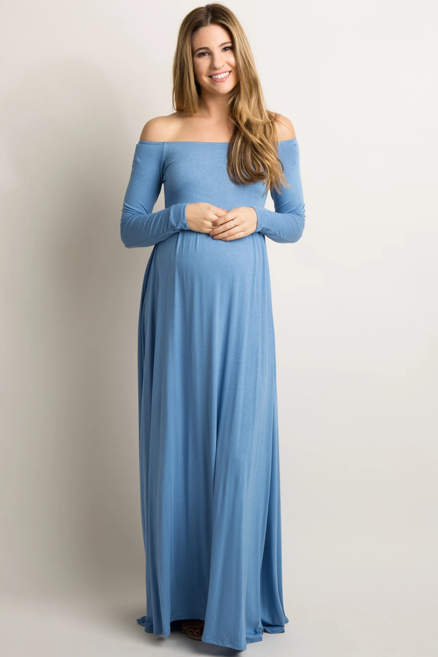 PinkBlush Petite Blue Solid Off Shoulder Maternity Maxi Dress | PinkBlush Maternity