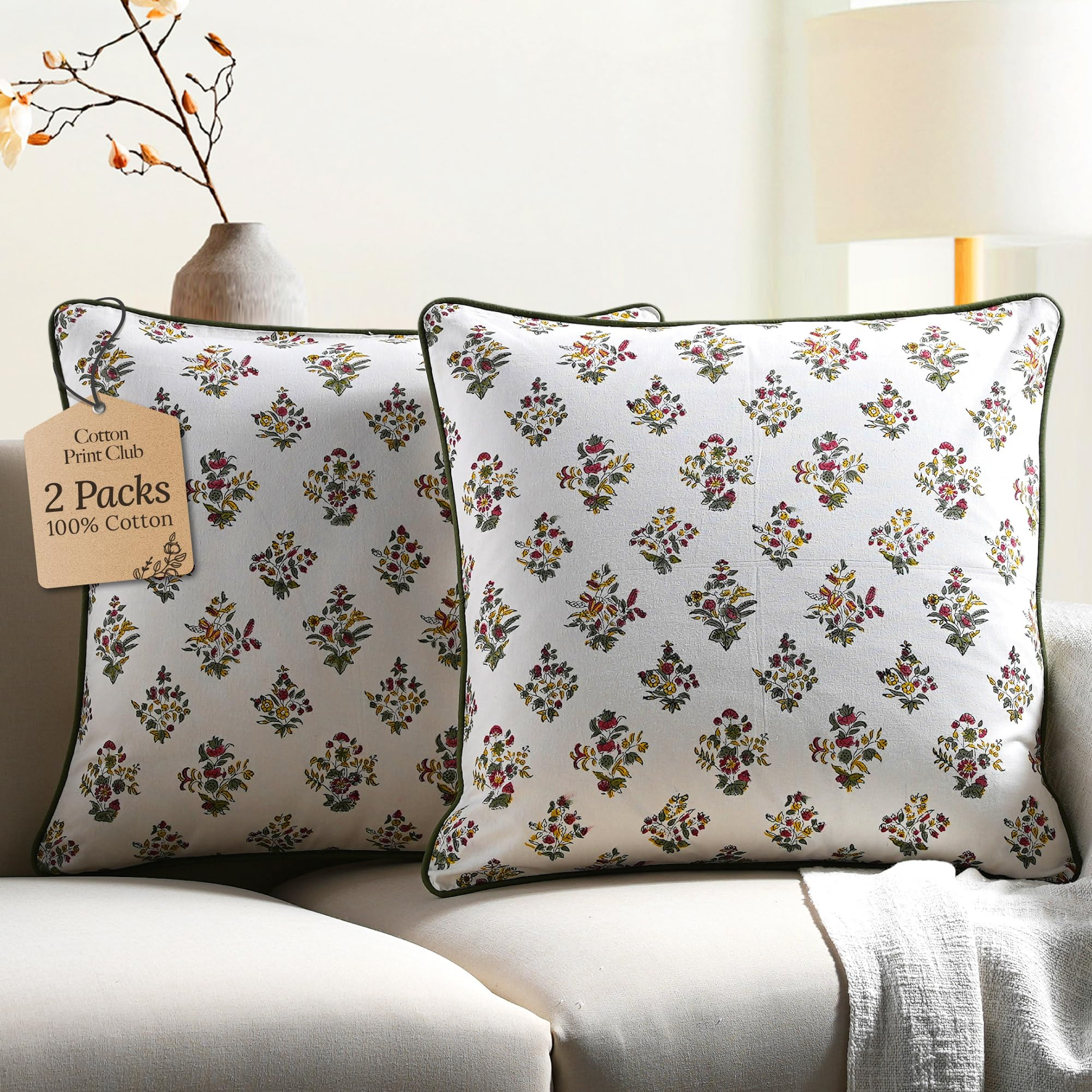 CPC 100% Cotton Throw Pillow Covers 18x18 Inch, Set of 2 Green Block Print Pattern Couch Pillow, ... | Amazon (US)