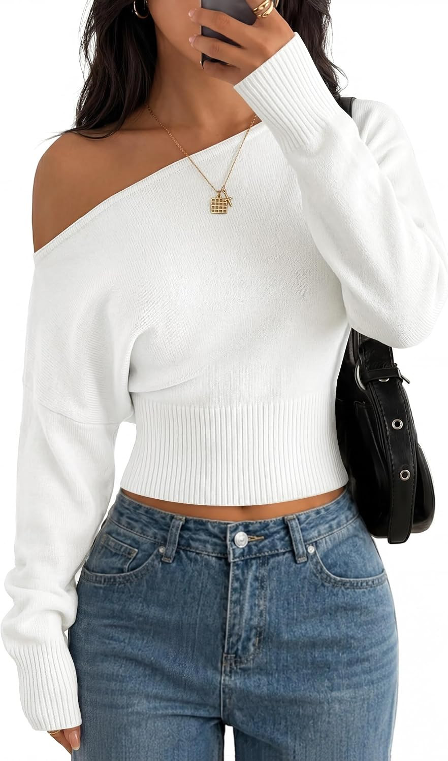 ZESICA Women's Fall Off Shoulder Cinched Waist Cropped Sweaters Trendy | Amazon (US)