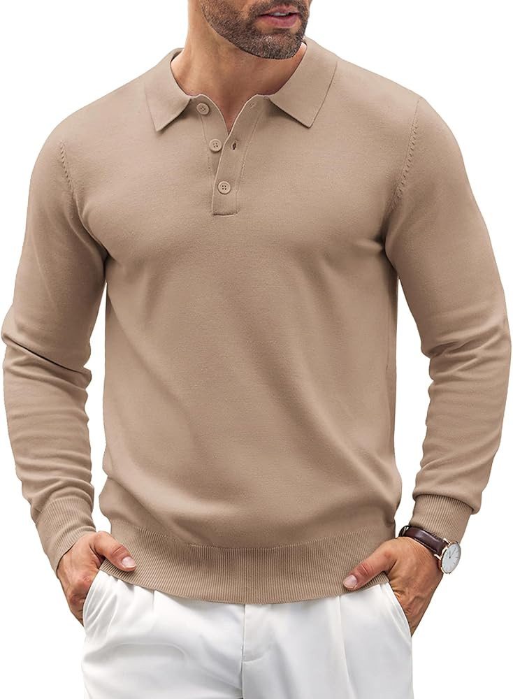 COOFANDY Mens Knit Polo Shirts Casual Long Sleeve Classic Polo Shirts Button Down Golf Shirts | Amazon (US)