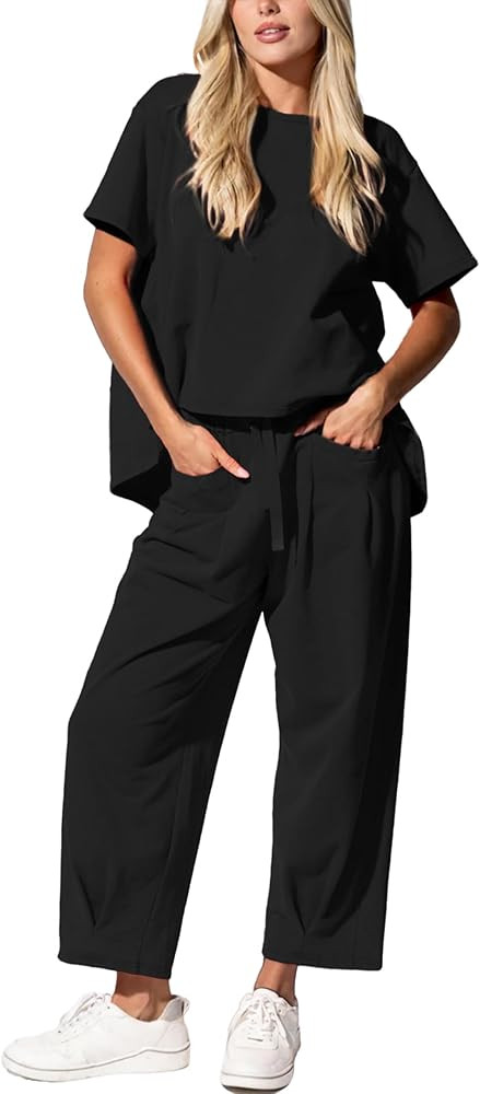 Women’s Lounge Set 2 Piece Short Sleeve Top Barrel Wide Leg Pants Comfy Matching Travel Outfit | Amazon (US)