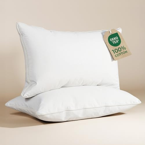 100% Cotton Bed Pillows - Queen Size Set of 2 - Breathable Cotton Cover - Soft, Comfy Down Alternative for Back & Stomach Sleepers - Low Density, Low Loft Support & Machine Washable, 20" x 36" (White) | Amazon (US)