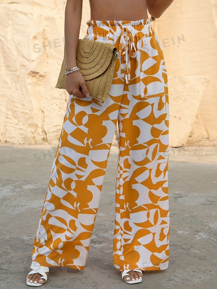 SHEIN VCAY Allover Print Paperbag Waist Wide Leg Pants | SHEIN