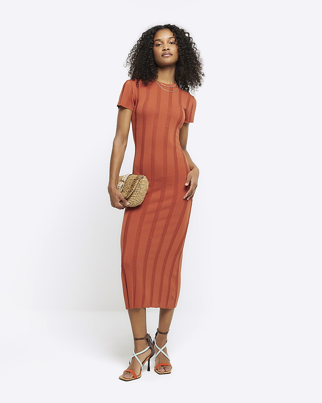 Rust knit ribbed bodycon midi dress | River Island (UK & IE)